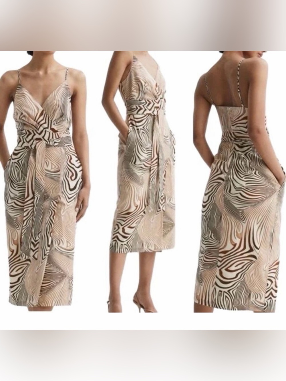 Reiss Beige and Brown Abstract Print Wrap Midi Dress